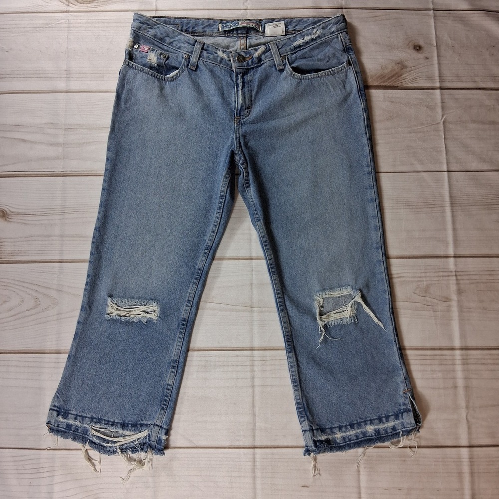 Mudd Jeans Womens 11 Vintage Y2K Distressed Cropped Capri Light Wash Denim 34x23